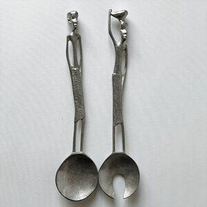 SOL Art Pewter Masai Salad Serving Set 11" Handcrafted South Africa Figural